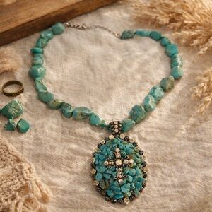 Stunning Turquoise Cross Statement Necklace Chunky Stones Boho Artisan western